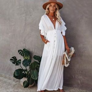 Button Down Ruffle Maxi Cover Up Dress